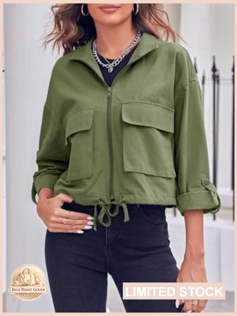 Cropped Utility Jacket Lightweight Military Safari Zip Up Casual Coat - Picture 4 of 5